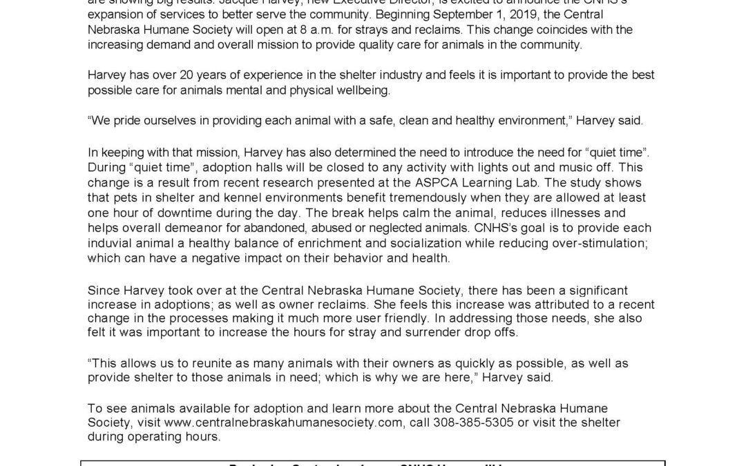 Press Release: New Hours and Expanded Services at the Central Nebraska Humane Society